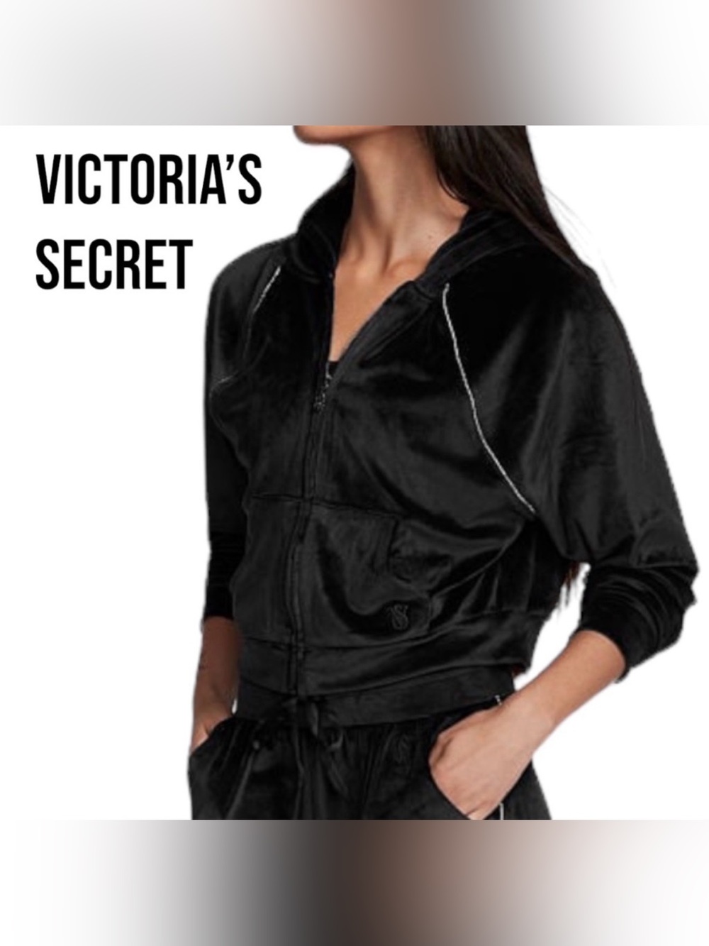 Victoria's Secret Black Velour w/Rhinestone Detail  Zip Hoodie Jacket Case